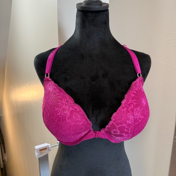 Victorias Secret Pushup Bra Racerback Front Latch Magenta Pink Lace Detail 38D - Picture 1 of 7